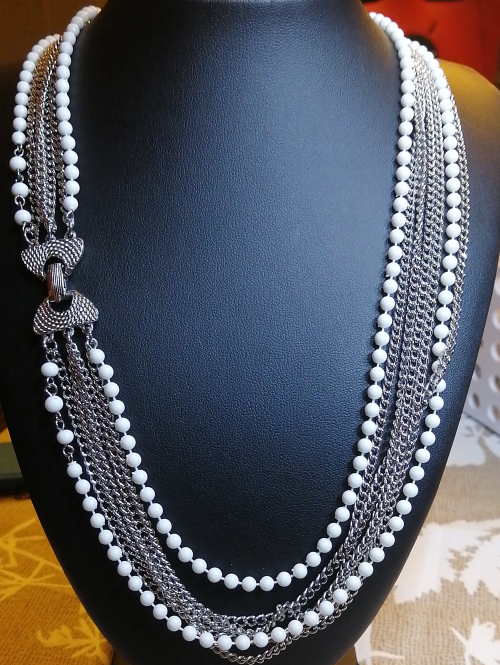 Elegant Multi-Strand White Bead and Silver Tone Chain Vintage Necklace 22" Long